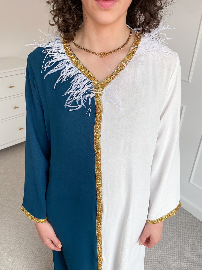 Turquoise Two Tone Kaftan with Feather Trim
