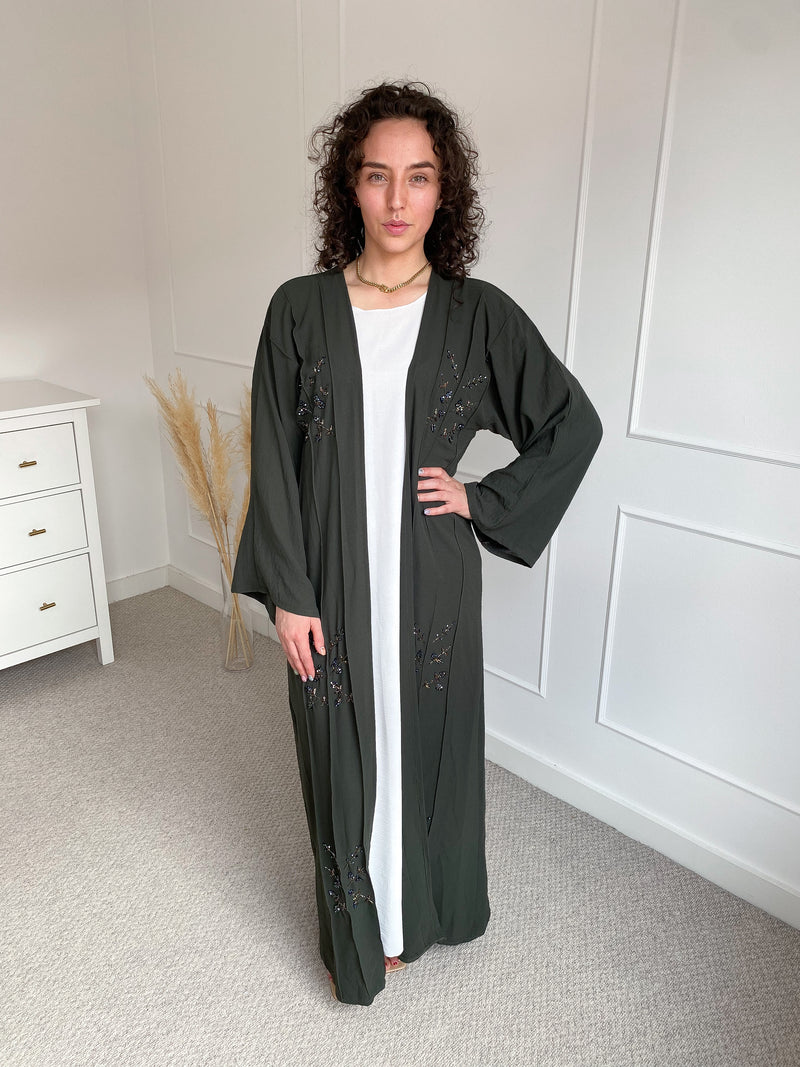 Khaki Green Floral Bead Detail Abaya with Slip Dress