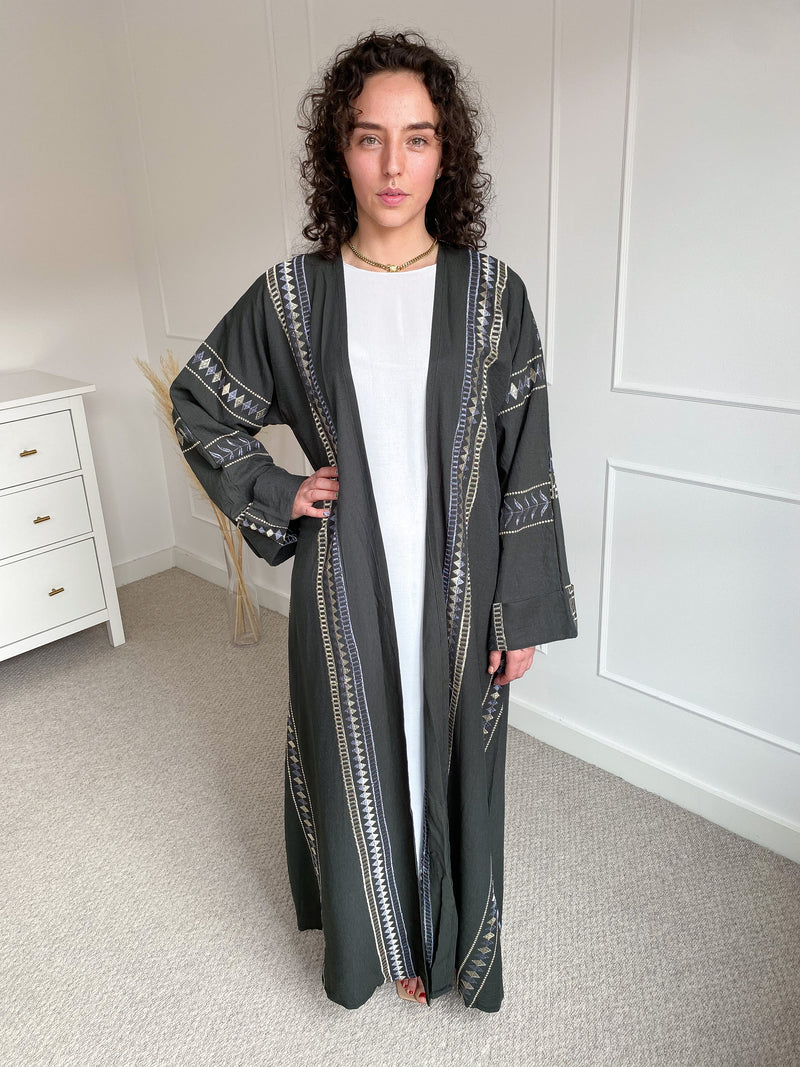 Forest Green Embroidered Open Abaya with Slip Dress