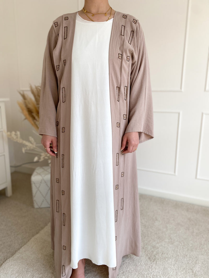 Mink Beaded Detail Open Abaya with Slip Dress
