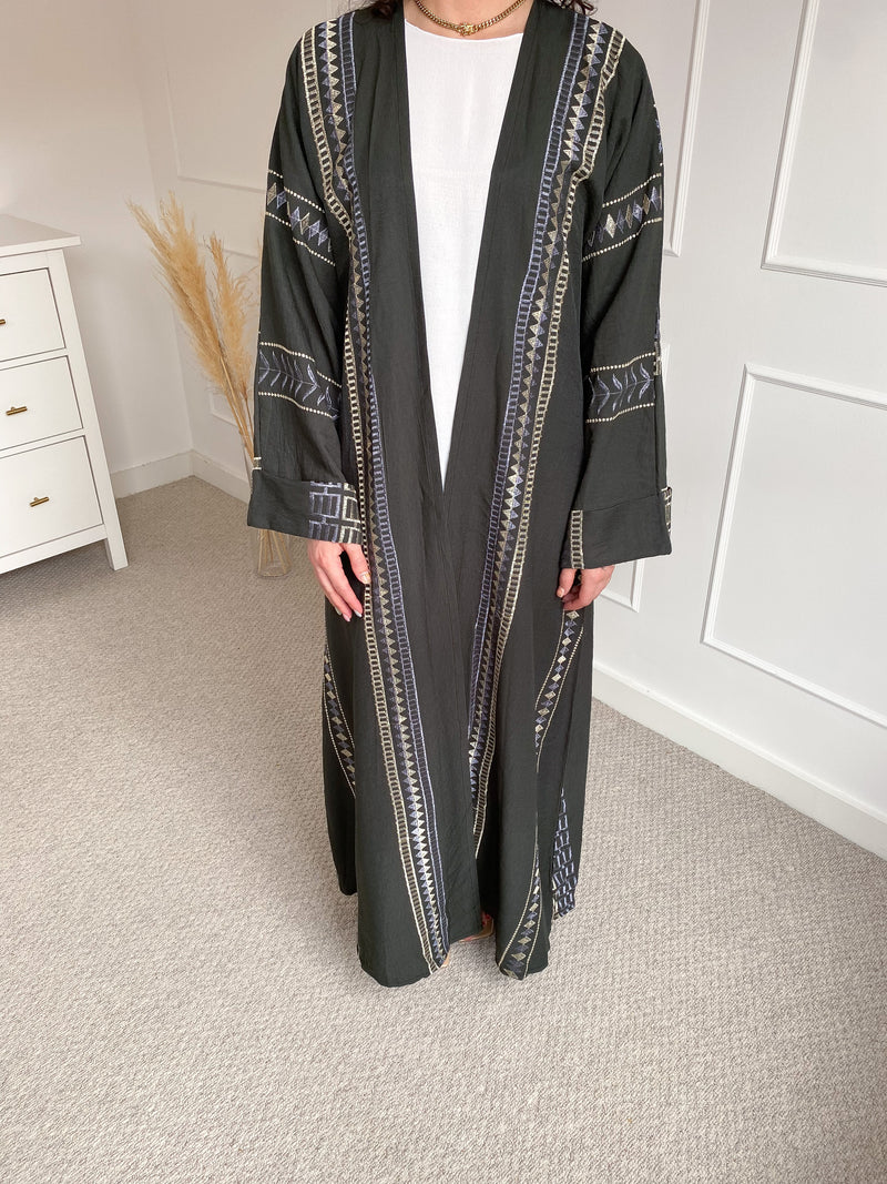 Forest Green Embroidered Open Abaya with Slip Dress
