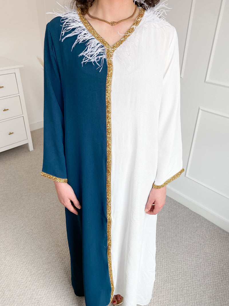 Turquoise Two Tone Kaftan with Feather Trim