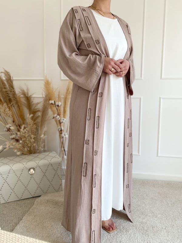 Mink Beaded Detail Open Abaya with Slip Dress