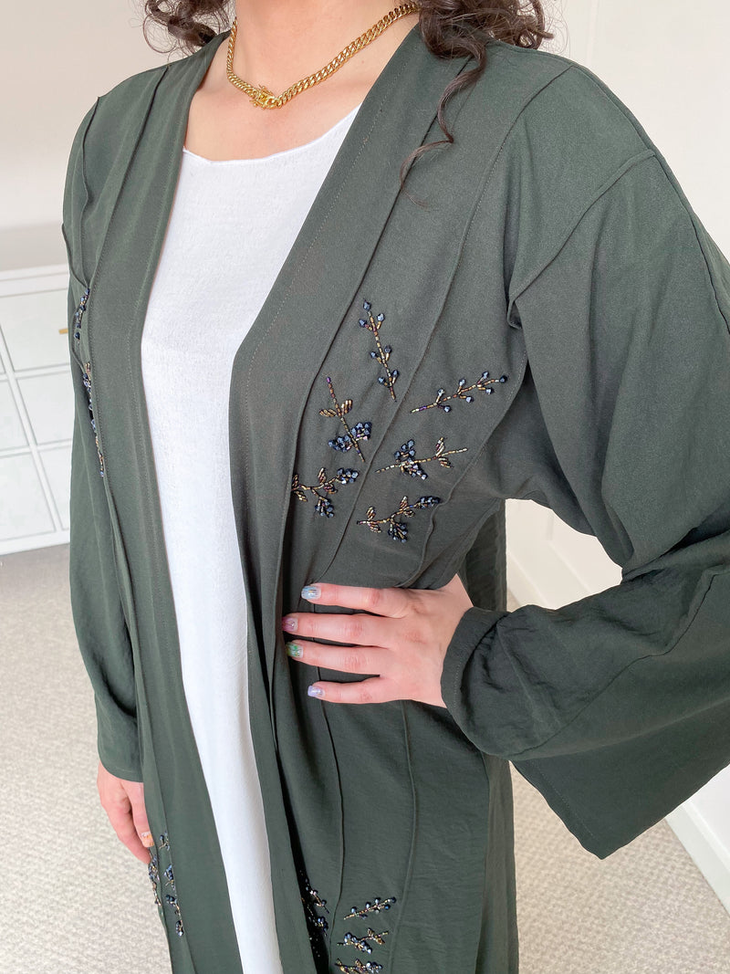 Khaki Green Floral Bead Detail Abaya with Slip Dress