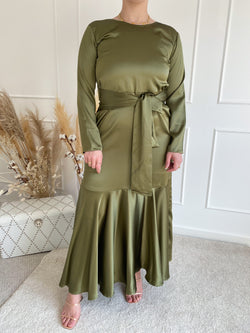 Olive Green Tie Belt Flowy Cut Dress