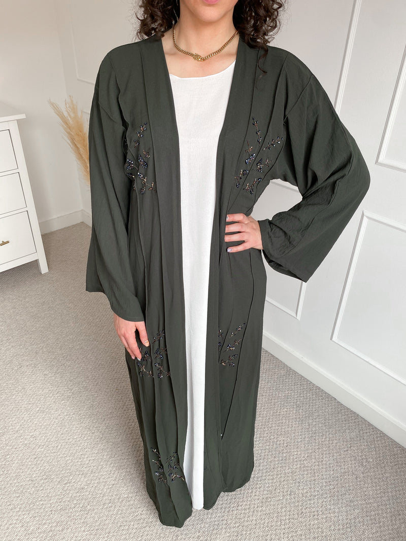 Khaki Green Floral Bead Detail Abaya with Slip Dress