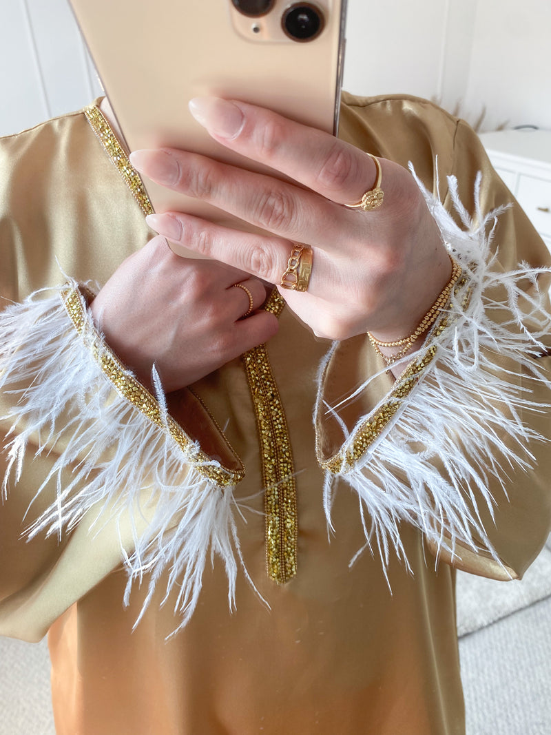 Golden Satin Feather Trim Kaftan