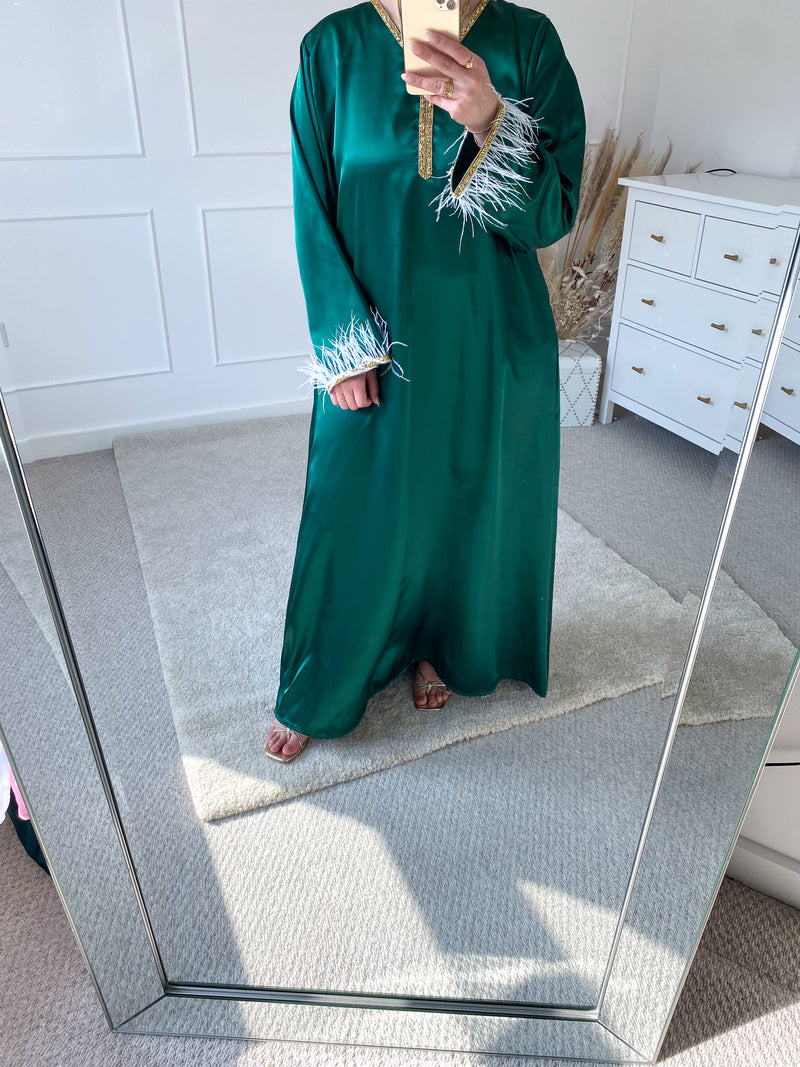 Green Satin Feather Trim Kaftan