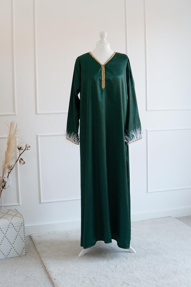 Green Satin Feather Trim Kaftan