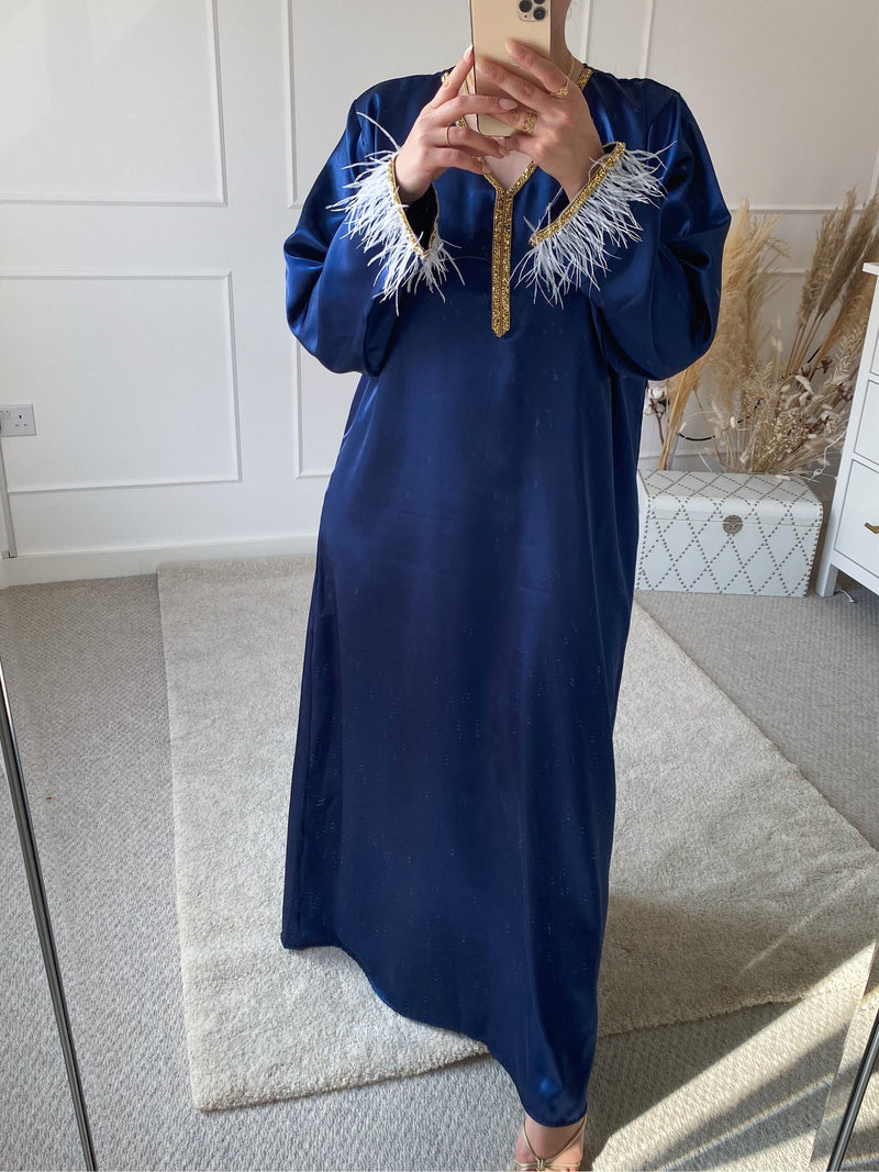 Dark Blue Satin Feather Trim Kaftan