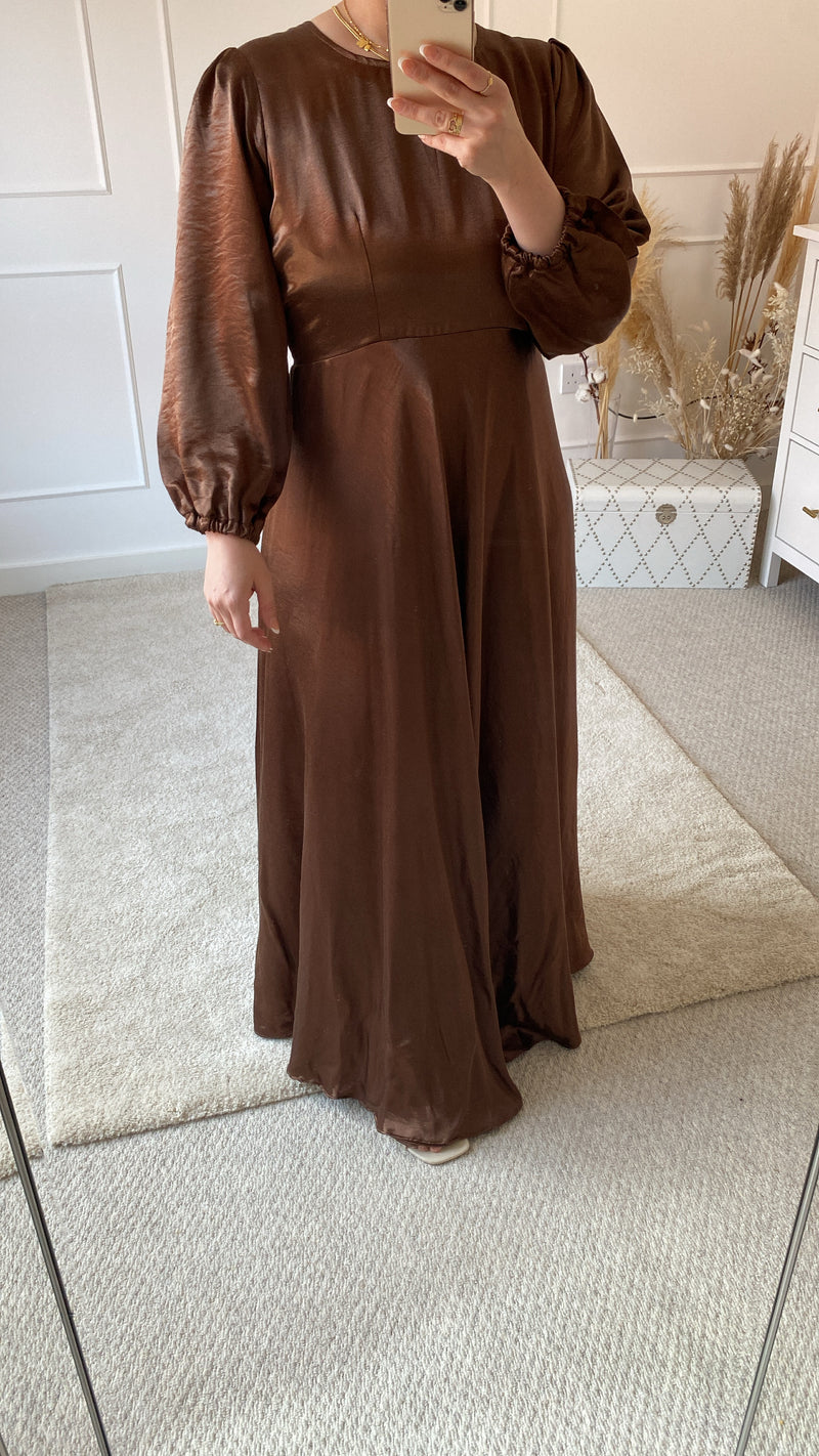 Long Sleeve Satin Slip Dress in Cocoa Brown