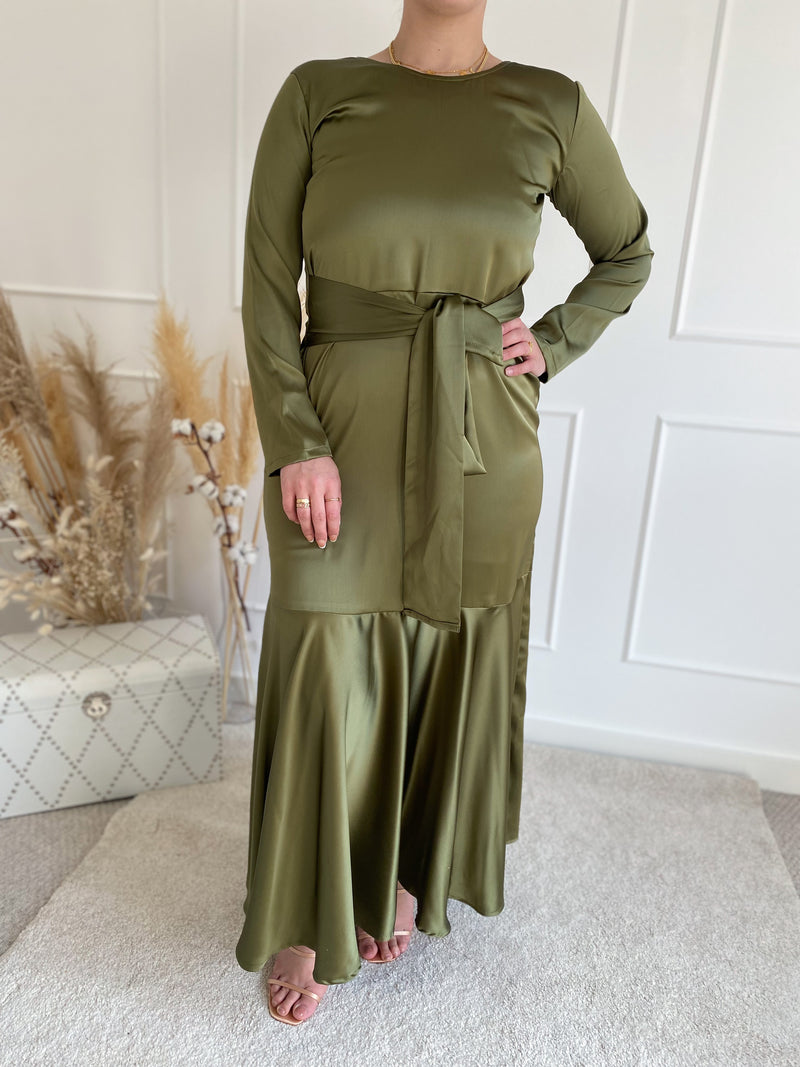 Olive Green Tie Belt Flowy Cut Dress