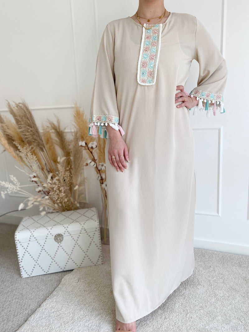 Stone Nude Kaftan with Pastel Trim