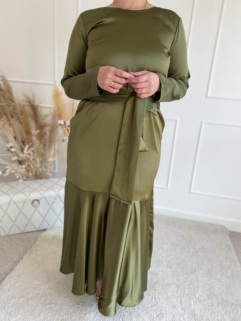 Olive Green Tie Belt Flowy Cut Dress