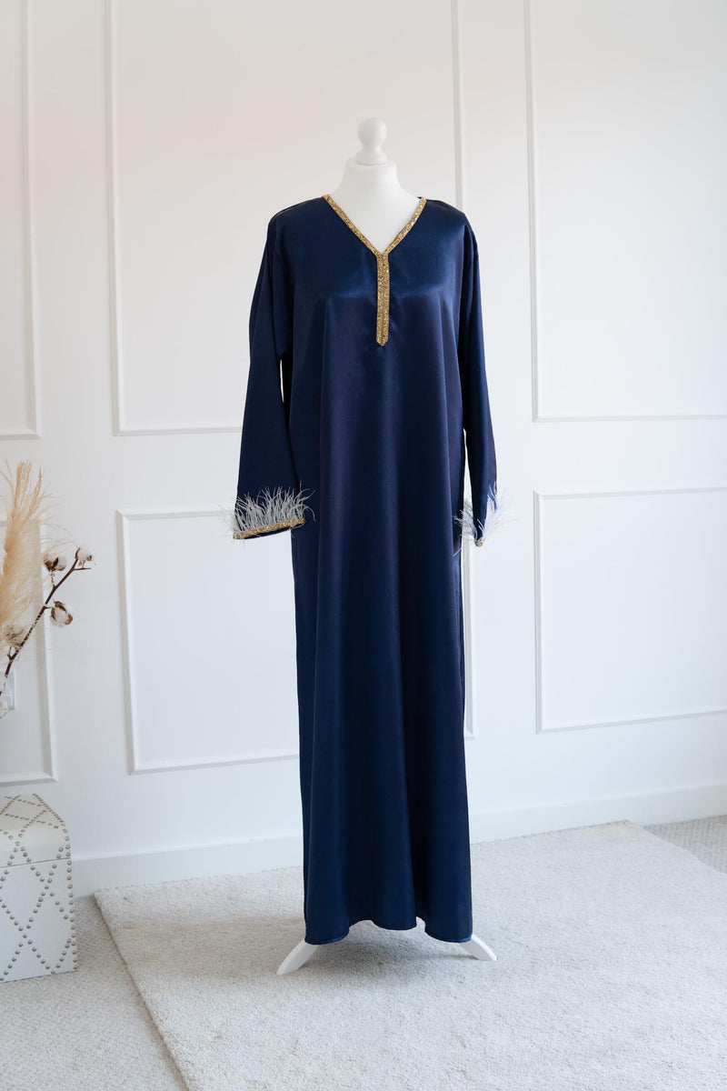 Dark Blue Satin Feather Trim Kaftan