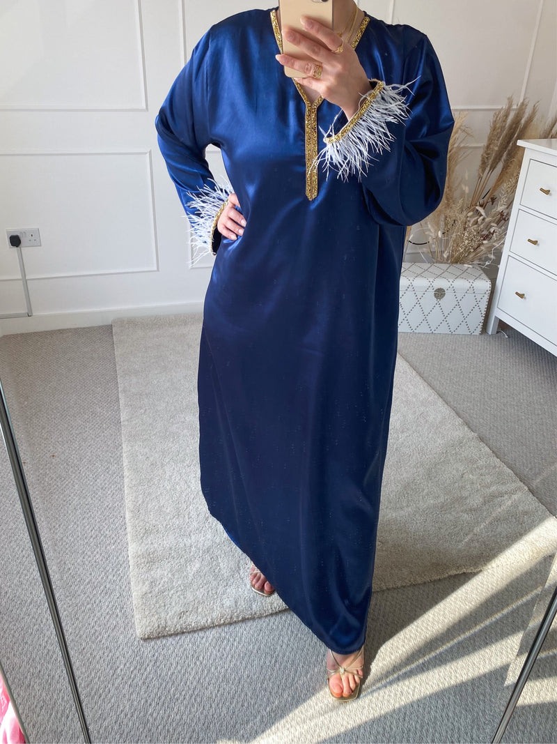 Dark Blue Satin Feather Trim Kaftan