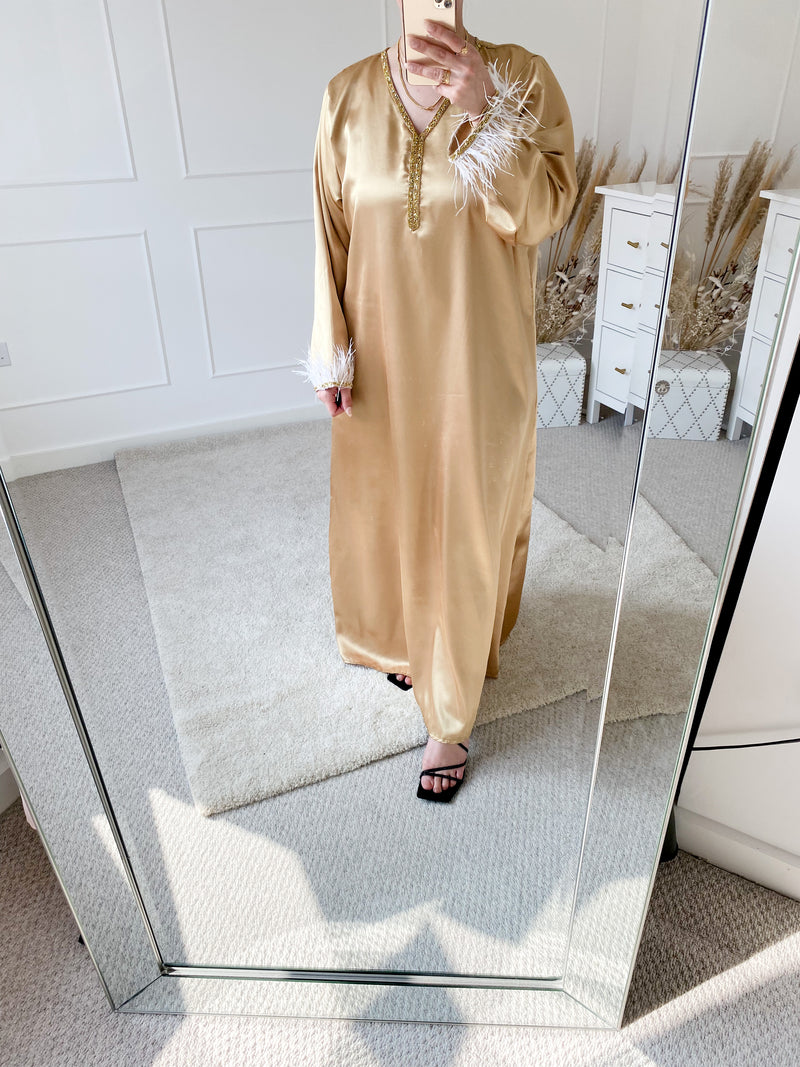 Golden Satin Feather Trim Kaftan