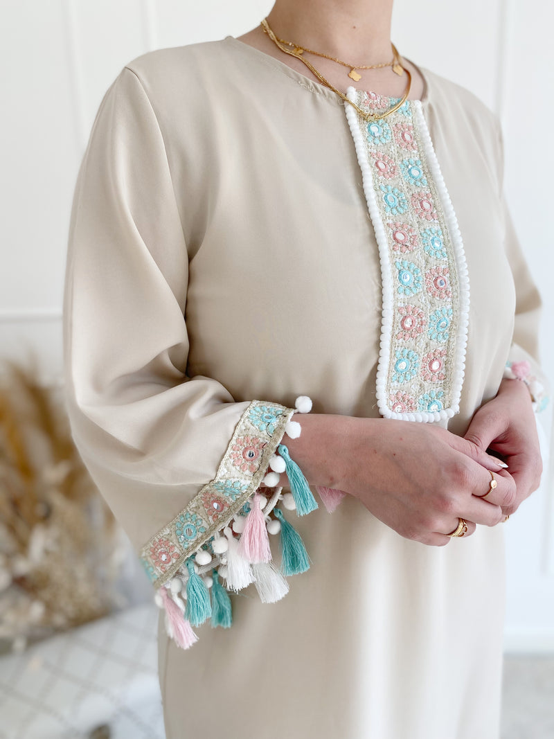 Stone Nude Kaftan with Pastel Trim