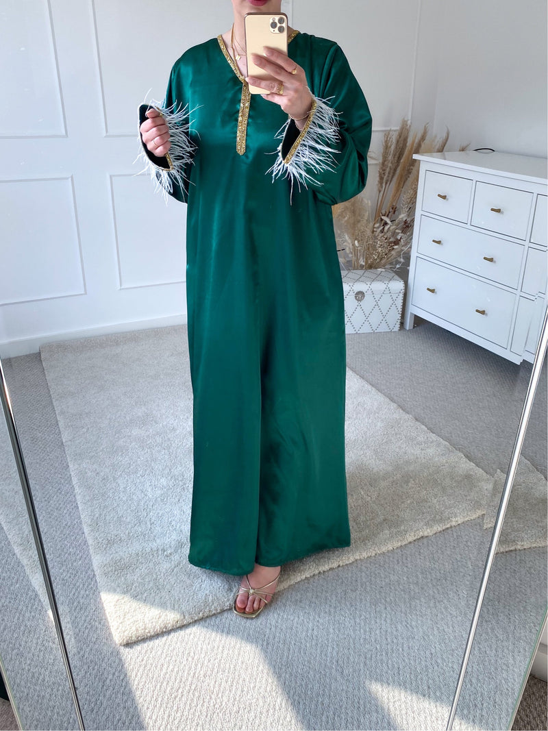 Green Satin Feather Trim Kaftan