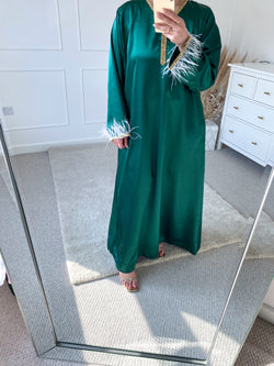 Green Satin Feather Trim Kaftan