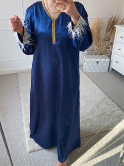 Dark Blue Satin Feather Trim Kaftan