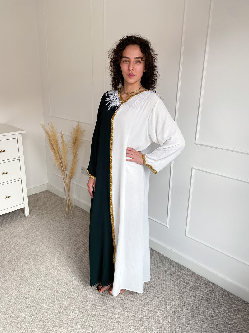 Khaki Two Tone Kaftan with Feather Trim