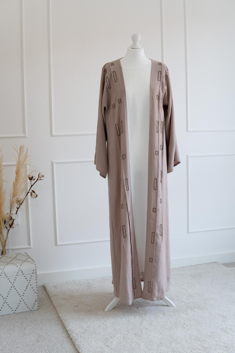 Mink Beaded Detail Open Abaya with Slip Dress