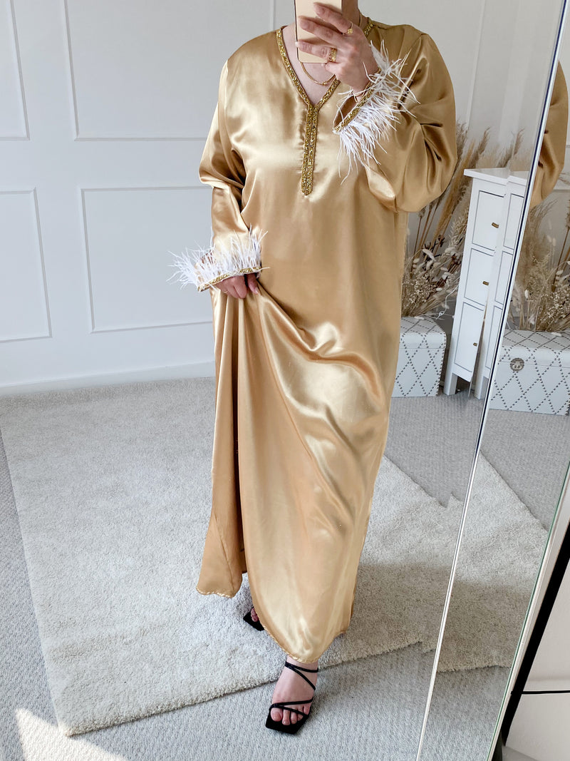 Golden Satin Feather Trim Kaftan