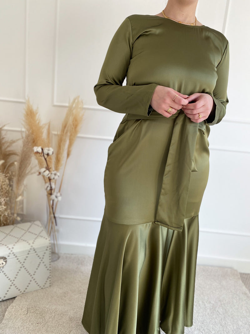 Olive Green Tie Belt Flowy Cut Dress