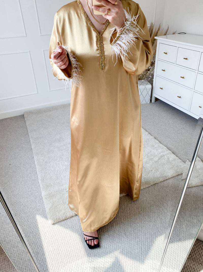 Golden Satin Feather Trim Kaftan