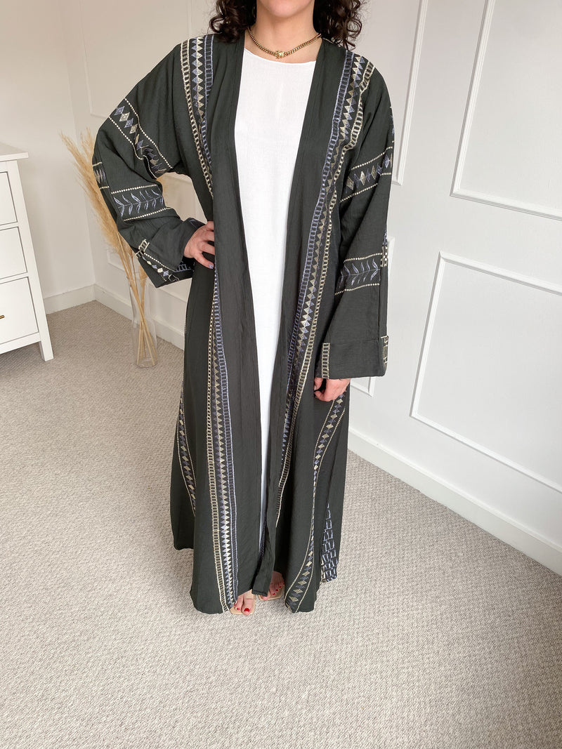 Forest Green Embroidered Open Abaya with Slip Dress