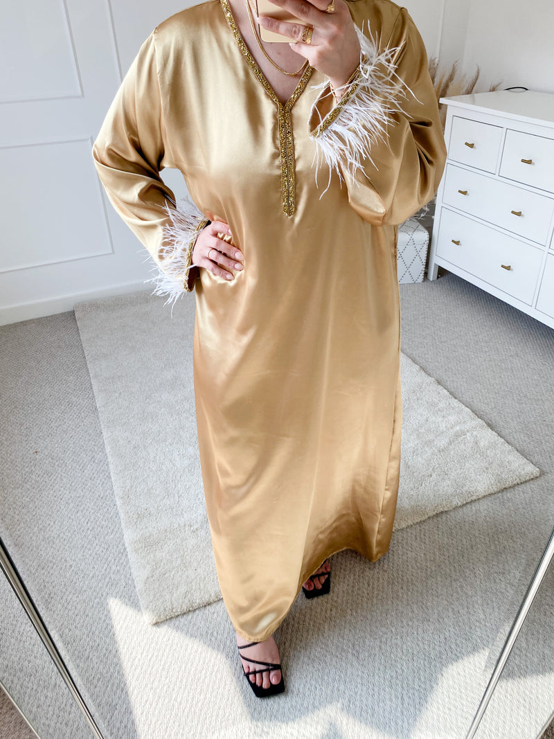 Golden Satin Feather Trim Kaftan