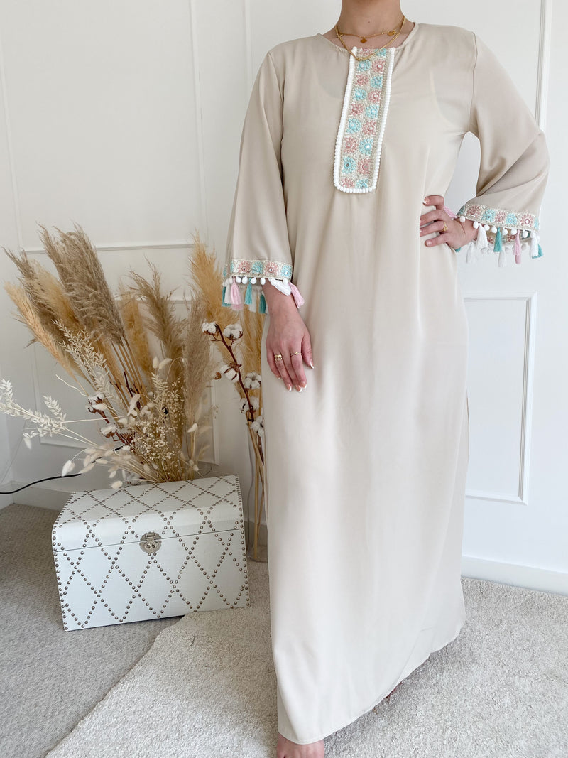 Stone Nude Kaftan with Pastel Trim