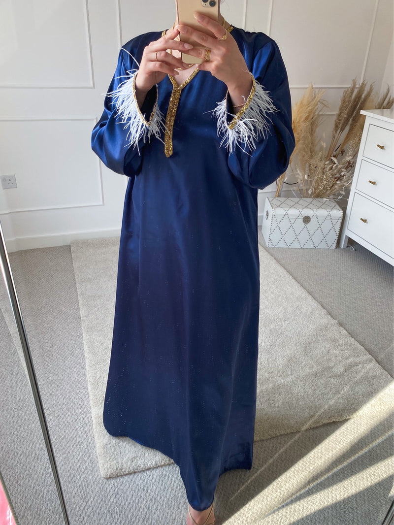 Dark Blue Satin Feather Trim Kaftan